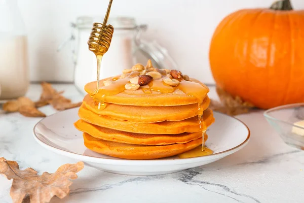 Tasty Pumpkin Pancakes Honey Plate — Stock Photo, Image