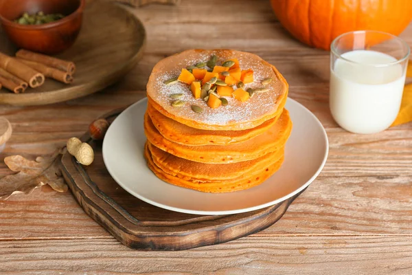 Tasty Pumpkin Pancakes Table — Stock Photo, Image