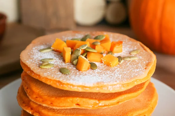 Tasty Pumpkin Pancakes Table Closeup — Stock Photo, Image