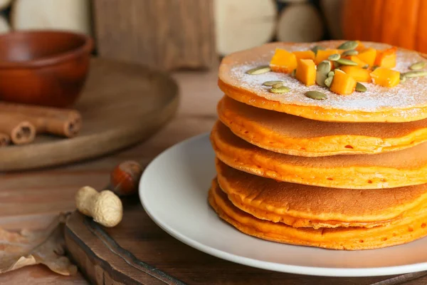 Tasty Pumpkin Pancakes Table Closeup — Stock Photo, Image