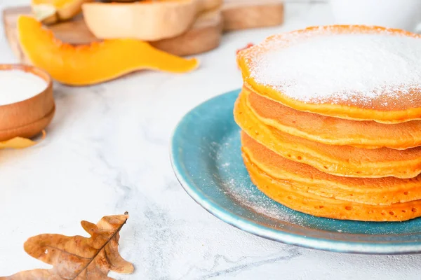 Tasty Pumpkin Pancakes Table — Stock Photo, Image