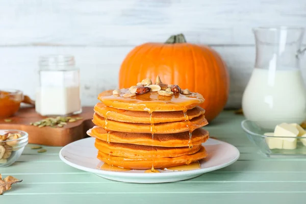 Deliciosos Panqueques Calabaza Mesa — Foto de Stock