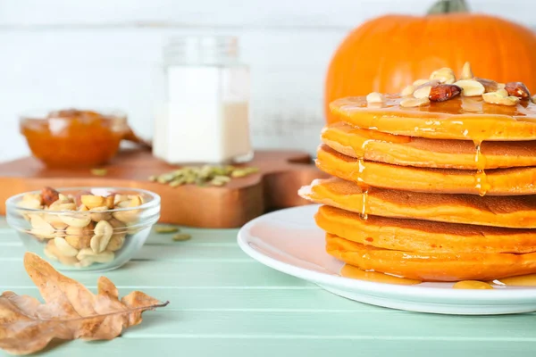 Deliciosos Panqueques Calabaza Mesa — Foto de Stock