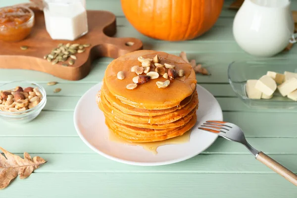 Tasty Pumpkin Pancakes Table — Stock Photo, Image