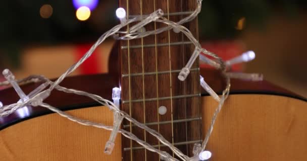 Closeup View Guitar Glowing Garland — Αρχείο Βίντεο