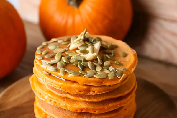 Tasty Pumpkin Pancakes Table Closeup — Stock Photo, Image