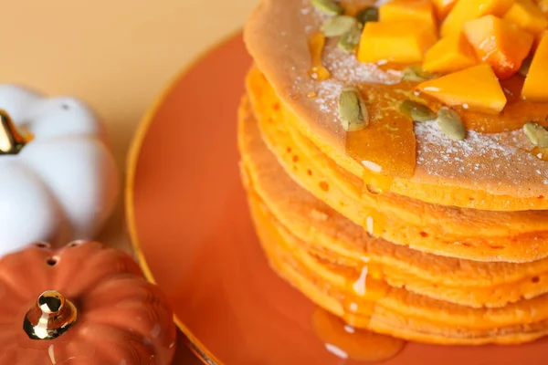 Plate Tasty Pumpkin Pancakes Color Background Closeup — Stock Photo, Image