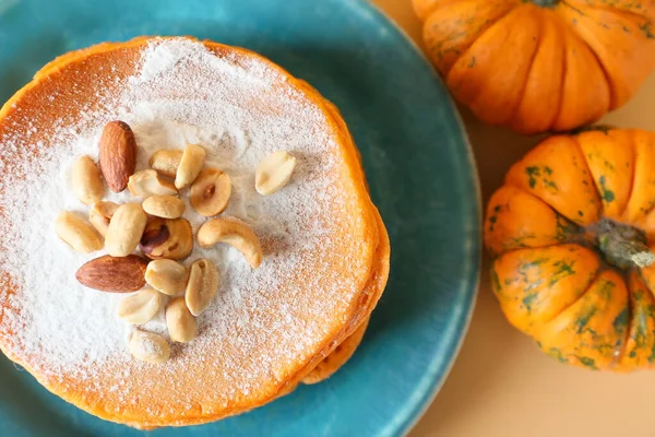 Plate Tasty Pumpkin Pancakes Color Background — Stock Photo, Image