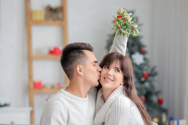 Young Man Kissing His Wife Mistletoe Branch Home Christmas Eve — Stock Photo, Image