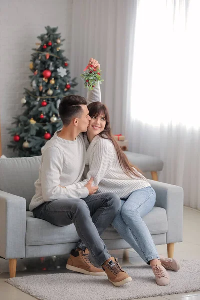 Young Man Kissing His Wife Mistletoe Branch Home Christmas Eve — Stock Photo, Image