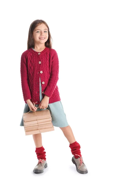 Nettes Kleines Mädchen Herbstkleidung Und Mit Büchern Auf Weißem Hintergrund — Stockfoto