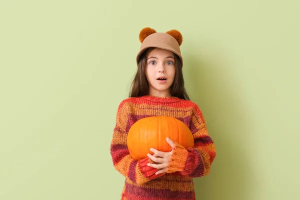 Cute Little Girl Autumn Clothes Pumpkin Color Background — Stock Photo, Image