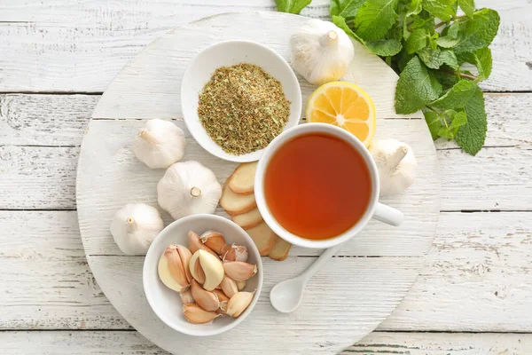 Cup Healthy Garlic Tea Table — Stock Photo, Image