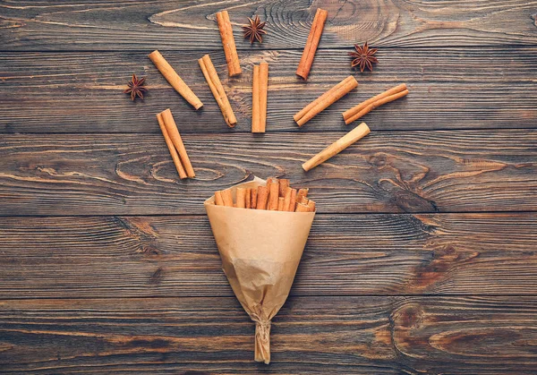 Composition Cinnamon Sticks Anise Wooden Background — Stock Photo, Image