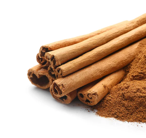 Cinnamon Sticks Powder White Background Closeup — Stock Photo, Image
