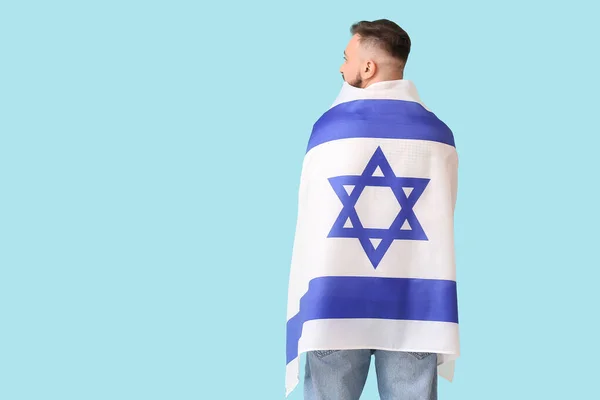 Mann Mit Der Flagge Israels Auf Farbigem Hintergrund Rückseite — Stockfoto