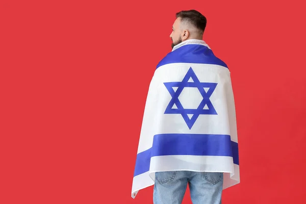 Man Met Vlag Van Israël Kleur Achtergrond Achteraanzicht — Stockfoto