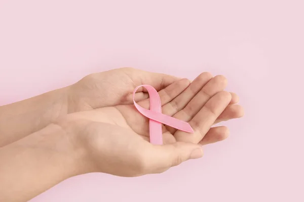 Female Hands Pink Ribbon Color Background Breast Cancer Awareness Concept — Stock Photo, Image