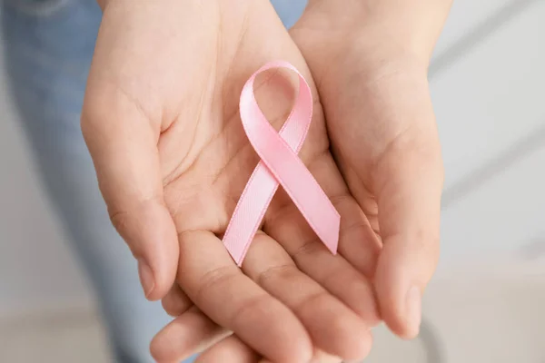 Woman Pink Ribbon Closeup Breast Cancer Awareness Concept — Stock Photo, Image