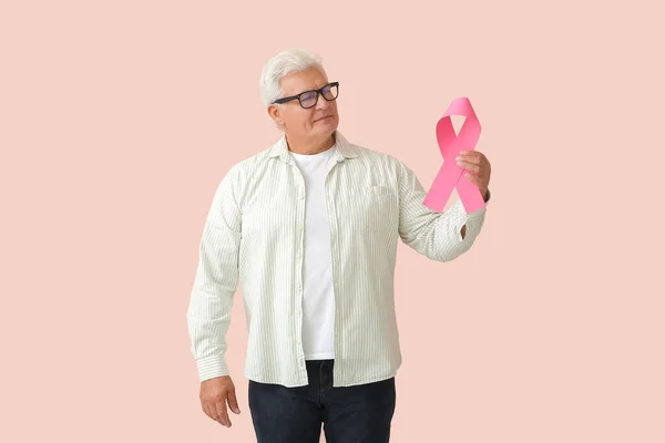 Mature Man Pink Ribbon Color Background Breast Cancer Awareness Concept — Stock Photo, Image