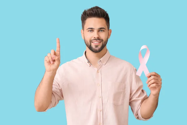 Man Pink Ribbon Color Background Breast Cancer Awareness Concept — Stock Photo, Image