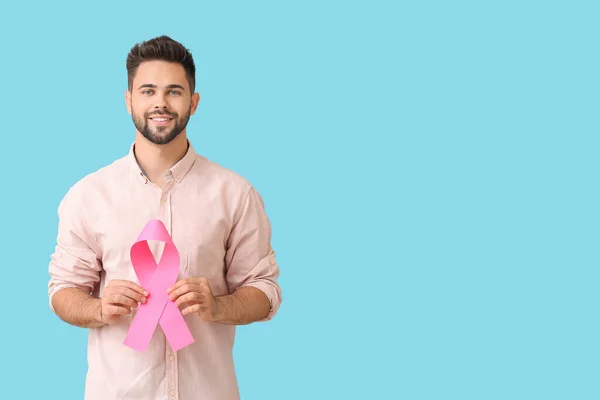 Man Pink Ribbon Color Background Breast Cancer Awareness Concept — Stock Photo, Image