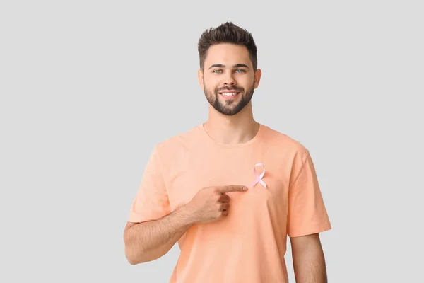 Man Pink Ribbon Light Background Breast Cancer Awareness Concept — Stock Photo, Image