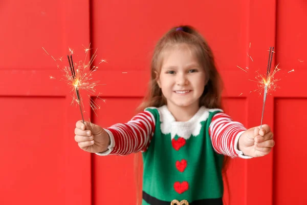 Cute Little Girl Christmas Sparklers Color Background — Stock Photo, Image