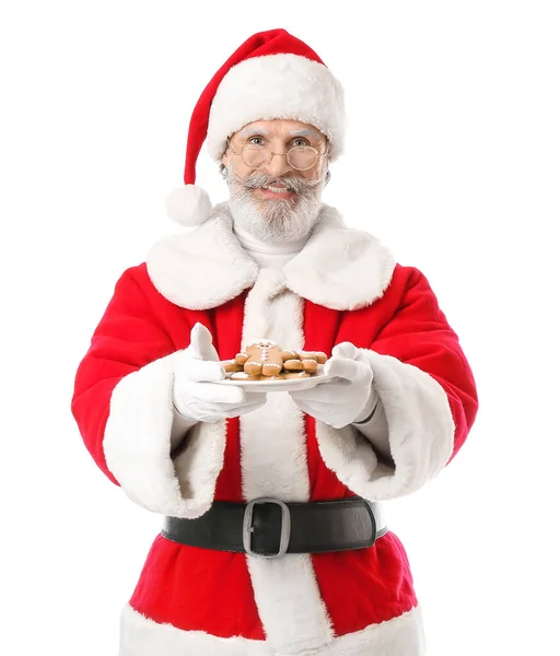 Święty Mikołaj Smacznymi Piernikowymi Ciasteczkami Białym Tle — Zdjęcie stockowe