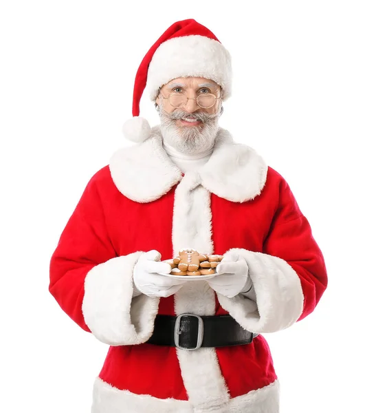 Santa Claus Con Sabrosas Galletas Jengibre Sobre Fondo Blanco —  Fotos de Stock