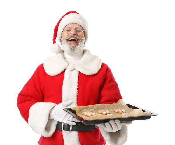Санта Клаус Вкусным Пряничным Печеньем Белом Фоне — стоковое фото