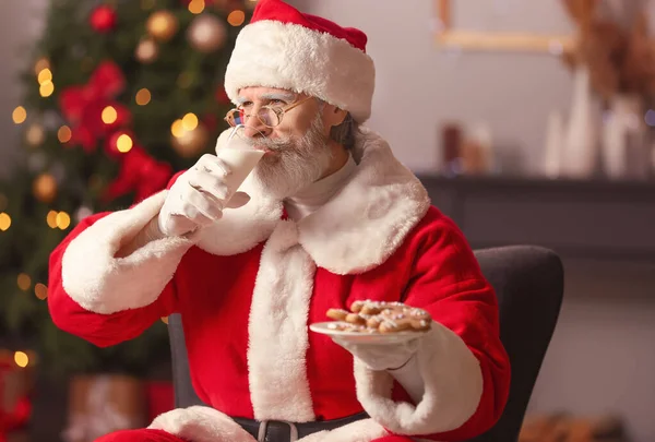 Santa Claus Tasty Gingerbread Cookies Milk Home — Stock Photo, Image