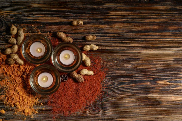 Burning Candles Spices Nuts Celebration Divaly Wooden Background — Stock Photo, Image