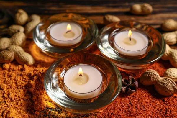 Burning Candles Spices Nuts Celebration Divaly Table — Stock Photo, Image