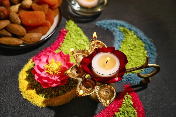 Festive Composition Diya Lamp Celebration Divaly Dark Background — Stock Photo, Image