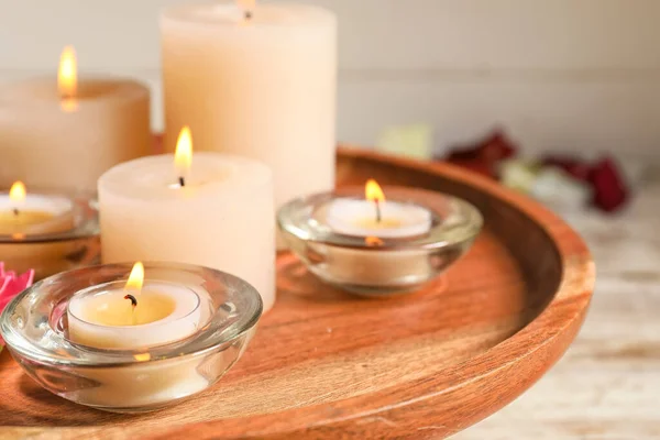 Burning Candles Celebration Divaly Tray Closeup — Stock Photo, Image