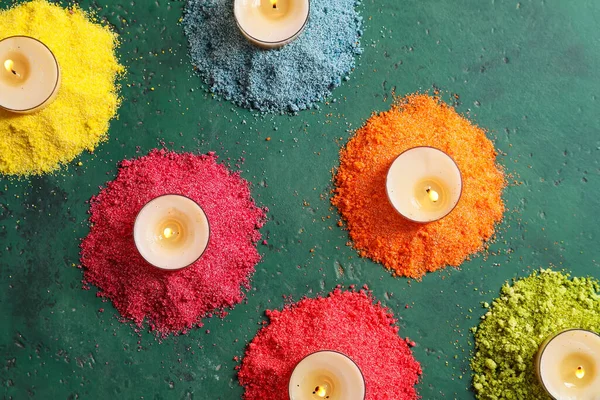 Festive Composition Burning Candles Celebration Divaly Color Background — Stock Photo, Image
