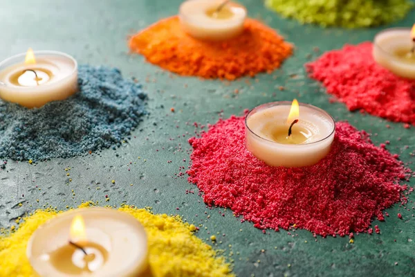 Festive Composition Burning Candles Celebration Divaly Color Background — Stock Photo, Image