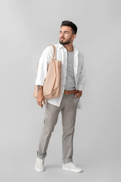 Fashionable Young Man Grey Background — Stock Photo, Image