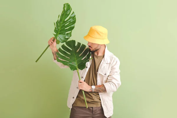 Fashionable Young Man Tropical Leaves Color Background — 스톡 사진