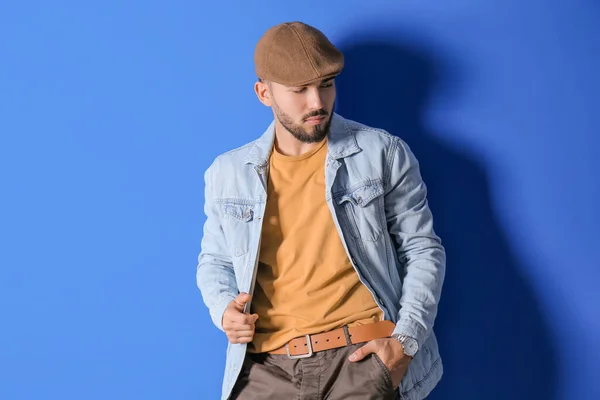 Fashionable Young Man Color Background — Stock Photo, Image