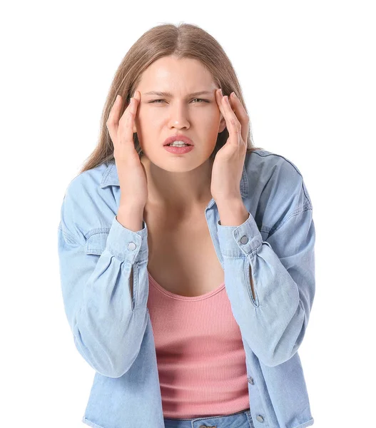 Vrouw Met Slecht Gezichtsvermogen Witte Achtergrond Symptomen Van Diabetes — Stockfoto