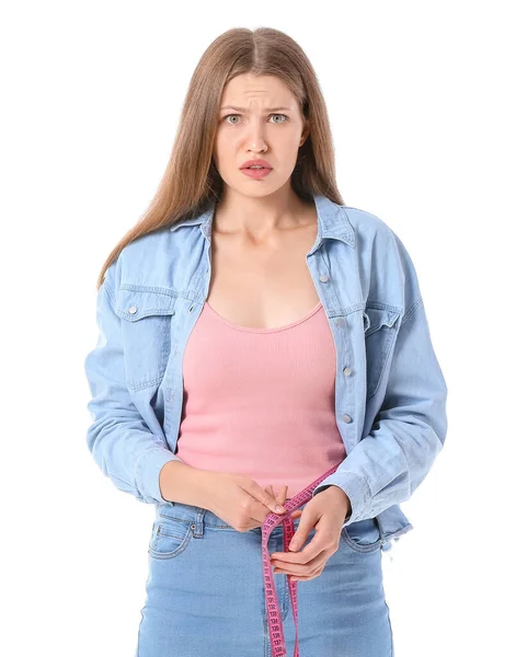 Vrouw Met Plotselinge Gewichtsverlies Probleem Witte Achtergrond Symptomen Van Diabetes — Stockfoto