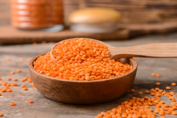 Bowl Spoon Raw Lentils Wooden Table — Stock Photo, Image