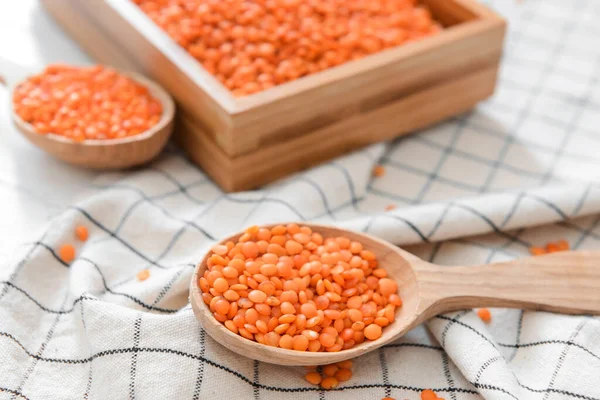 Spoon Raw Lentils Table Closeup — Stock Photo, Image