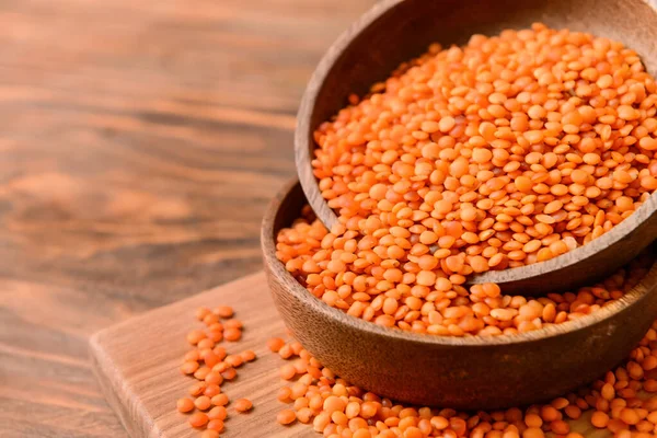 Bowls Raw Lentils Wooden Table Closeup — Stock Photo, Image