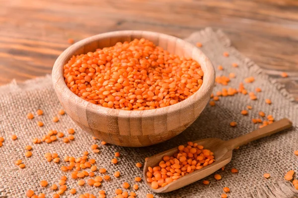 Bowl Scoop Raw Lentils Table — Stock Photo, Image