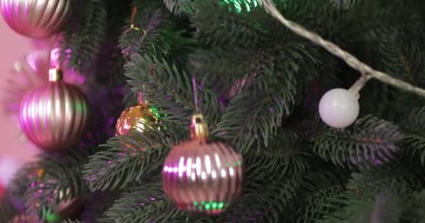 Schöner Weihnachtsbaum Mit Leuchtenden Girlanden Nahaufnahme — Stockvideo