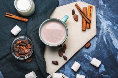 Bir fincan sıcak kakao içeceği, marşmelov ve tarçın ile renklendirilmiş.