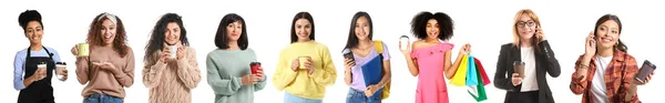 Set Hermosas Mujeres Con Tazas Café Sobre Fondo Blanco — Foto de Stock